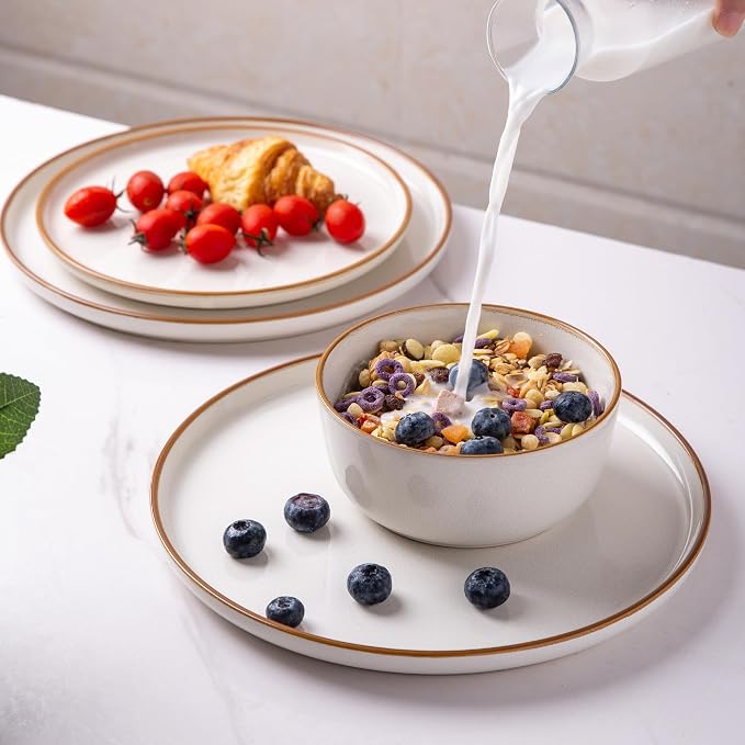 GBHOME Dinnerware Sets for 8, 24 Pieces Ceramic Plates and Bowls Set | Scratch Resistant Stoneware Dishes Set, Dishwasher & Microwave Safe, Reactive Glaze, Pearl White