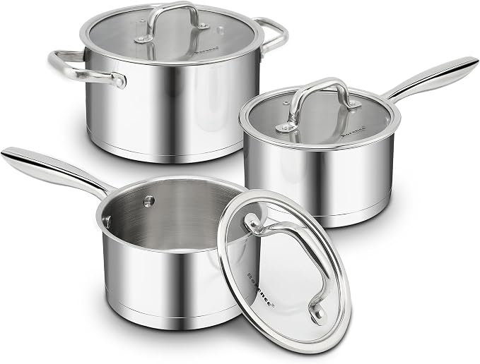 Rorence 3-Piece Stainless Steel Pots and Pans Set,1.5Qt/2.5Qt Saucepans,6Qt | Tri-Ply Base & All Stovetop Compatibility，Glass Lids & Oven Safe Design