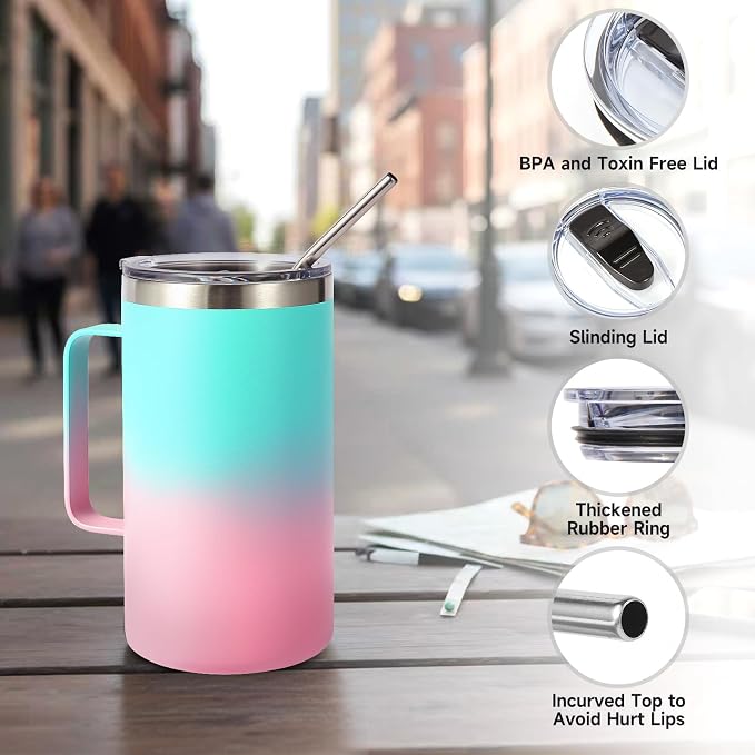 Volhoply 22oz Insulated Stainless Steel Coffee Mug with Leakproof Lid,Double Wall Vacuum Travel Coffee Cup with Handle,Reusable Metal Tumbler,Camping Mugs Keep Hot&Cold(Green Pink,1)