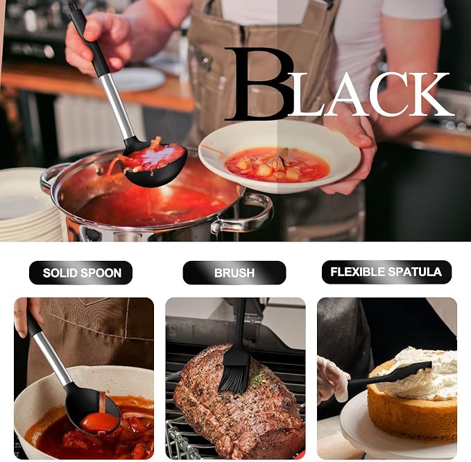 Silicone Kitchen Utensils Set, Umite Chef Large Heat Resistant Cooking Utensil, 26Pcs Silicone Spatulas Set, Stainless Steel Handle, Black Kitchen Gadgets Tools Set for Nonstick Cookware
