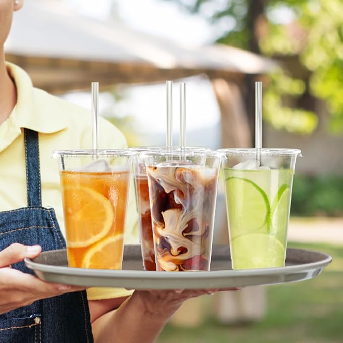 Dealusy 100 Pack - 24 oz Clear Plastic Cups with Lids and Straws | Sturdy & Food Safe Iced Coffee Cups with lids, Disposable Plastic Smoothie Cups for Cold Drinks