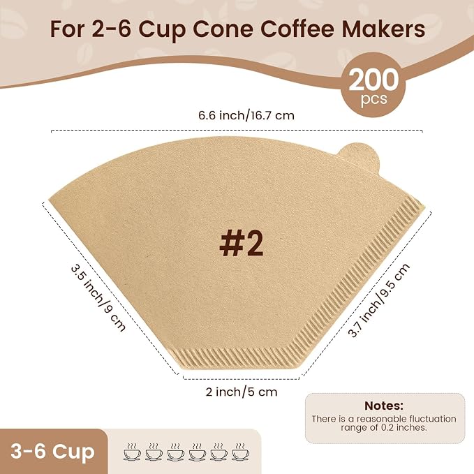 Clinuse 200Pcs Cone Coffee Filters #2, Unbleached No Blowout Paper Filters | Disposable Natural Wood Pulp Coffee Filter 2-6 Cup, Premium Size 02 Filters Compatible with Pour Over and Drip Coffee Maker