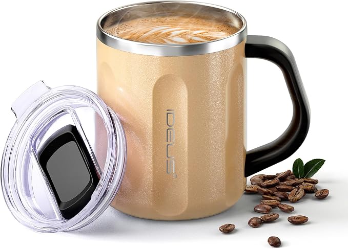 Ideus 16 oz Insulated Coffee Mug with Handle and Lid, Double Wall Stainless Steel Vacuum Thermal Coffee Mug, Travel Coffee Cup Thermal Cup for Home and Office, Golden-FUJI FLOW