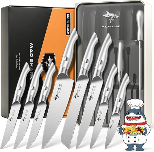 MAD SHARK Knife Sets, 11 Pieces Kitchen Knife Set with Block | High Carbon Stainless Steel Knives with Sharpener Rod, Non Slip Ergonomic Handle, Quality Drawer Organizer, Gift Box