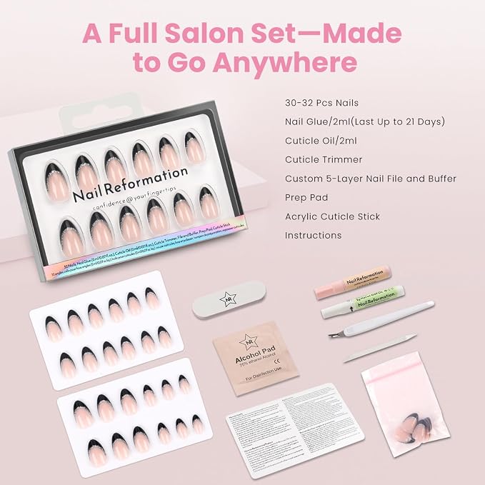 Nail Reformation Press On Nails, Silver Lining | Short Almond Fake Nails | 16 Sizes 32 Pcs Black Glitter French Tip on Nude Base in Glossy Finish Reusable Stick On Nail, False Nail Kit for Women Gifts