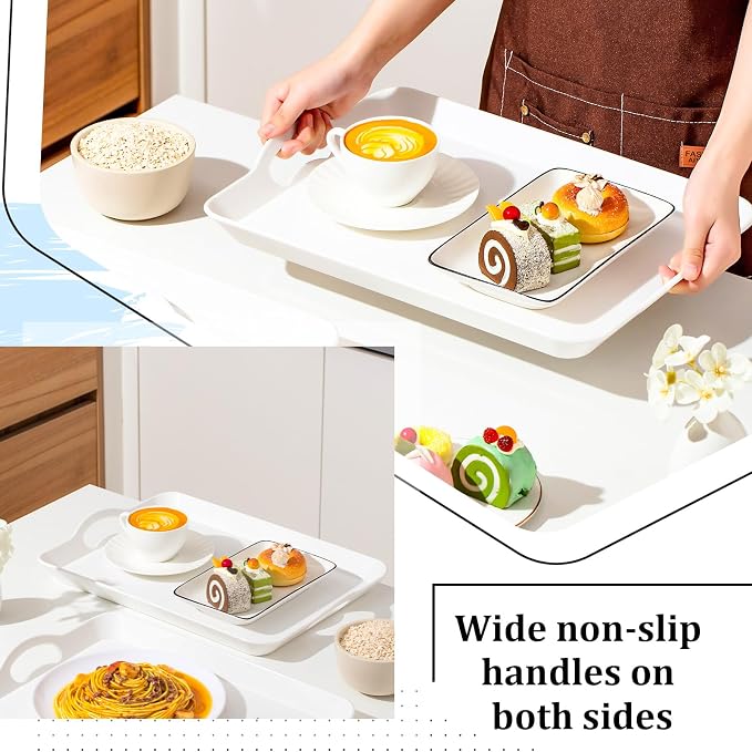 Kathfly 6 Pack 16" x 11" Serving Trays with Handles, Plastic Tray, White | PP Material, Anti-skid Texture, Decorative Food Tray, for Restaurant, Hotel, Kitchen, Party; Not Microwave/dishwasher Safe