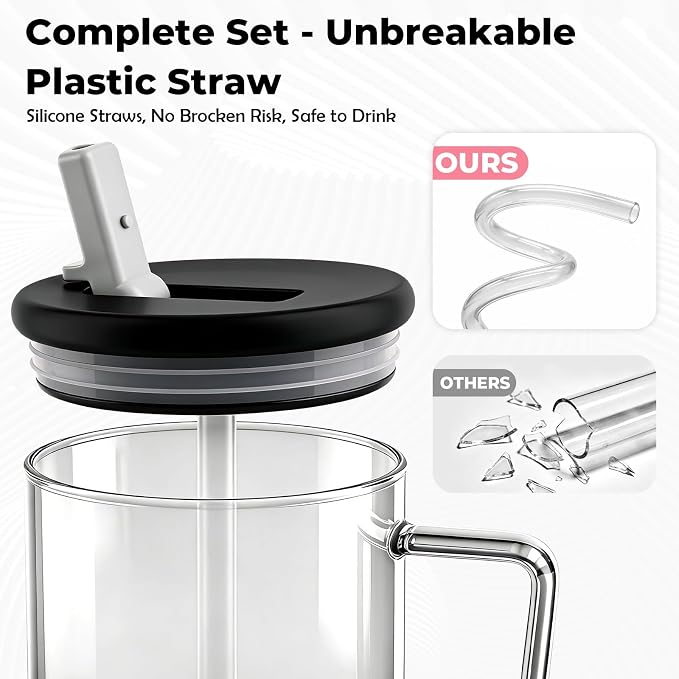 40oz Glass Tumbler with Flip Straw Lid, Handle, Silicone Sleeve, Black | Leakproof Lid, Fits Car Cup Holder Glass for Iced Coffee, Water, Cold Drinks, Travel, Outdoor, Partys&Home