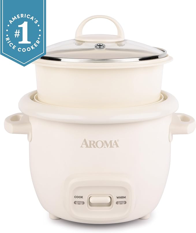 AROMA CoreCoat™ Mini Rice Cooker (3 Cups Cooked) with Nonstick Ceramic Pot Coating, Glass Lid, and Pop-Up Steamer Tray, 0.8 Quart