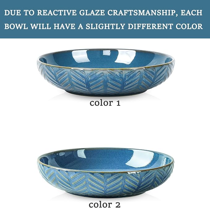 Sureasy Pasta Bowls Set of 4, 30oz Large Embossed Serving Bowl Plates, 8.5 Inch Wide and Shallow Plate Bowls, Microwave, Oven & Dishwasher Safe, Blue