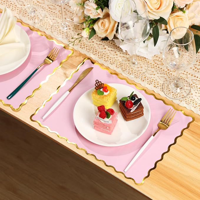 FoldTier 150 Pcs Disposable Paper Placemats Bulk 10"x14" Rectangle Place Mats with Scalloped Edges Dining Table Mat for Wedding Birthday Party Table Decoration(Pink)