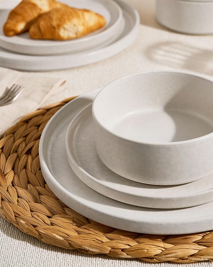 Famiware Nebula 24-Piece Dinnerware Set, Matte Beige White | Stoneware Plates and Bowls, Handmade Reactive Glaze, Microwave & Dishwasher Safe, Chip & Scratch Resistant