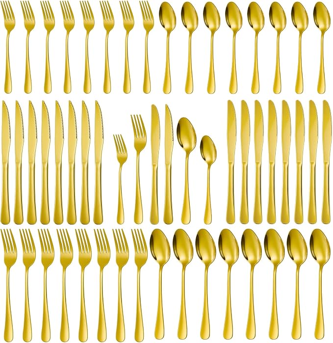 D.Perlla Silverware Set for 8, 48-PCS Flatware Set with Fork for Home Gold