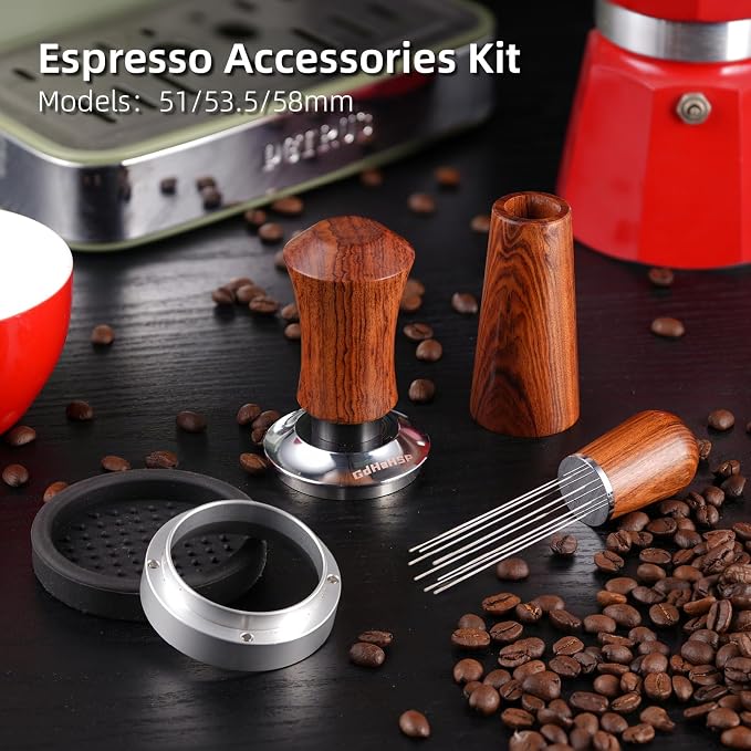 53.5mm Espresso Accessories Kit with Tamper, WDT Tool and Funnel | Rosewood spring-loaded espresso tamper and WDT tool espresso, 8 needles, aluminum dosing funnel, mat for 54mm Portafilter