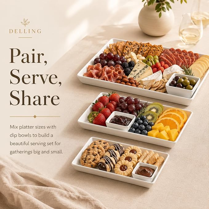 Delling Large Serving Platter, 16/14/12 Inch Rectangular Serving Trays for Serving Food, Serving Tray for Party - Set of 3, White