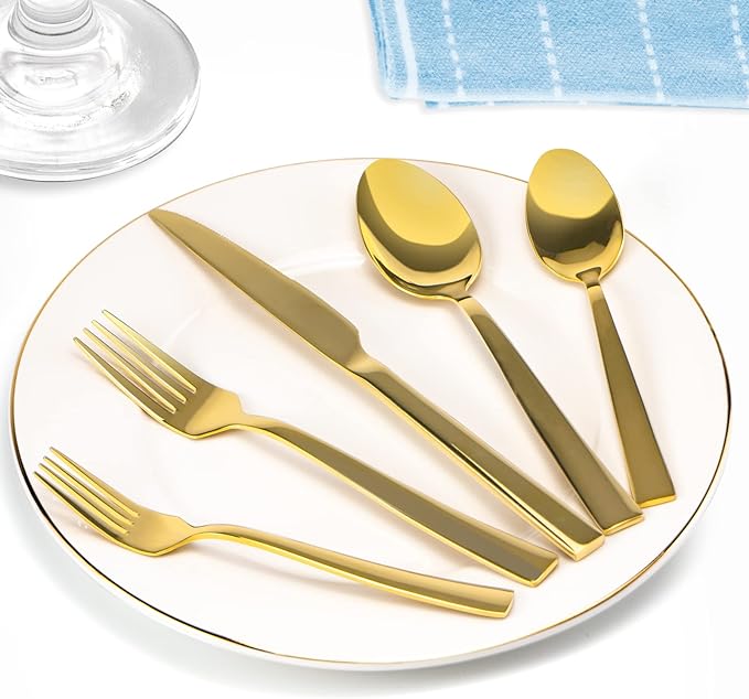 Gold Silverware Set for 8, 40 Pieces Flatware Set Stainless Steel | Luxury Steak Knife Fork and Spoon Set, Square Handles, Mirror Polished, for Home Kitchen Restaurant Weddings