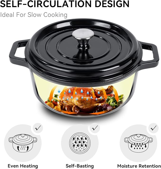 Miereirl 6.5 Quart Enameled Dutch Oven Pot with Lid, Cast Iron Dutch Oven with Dual Handles for Bread Baking, Cooking, Non-stick Enamel Coated Cookware (Black)