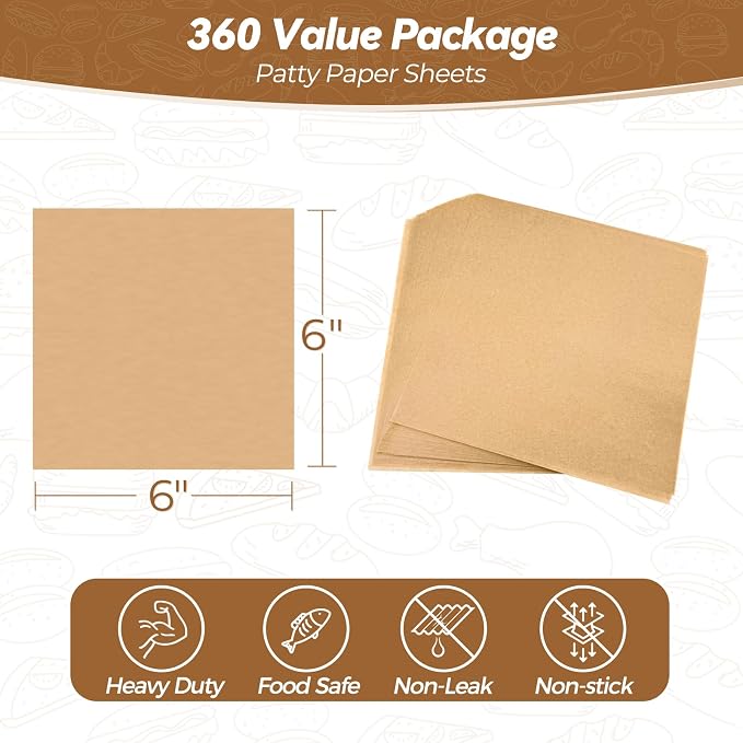 360 Count 6"x 6" Heavy Duty Patty Paper Sheets for Separating Patty | No-Stick & No-Leak Unbleached Baking Paper, Pre-cut Half Parchment Paper Sheets for Oven, Air Fryer, Microwave