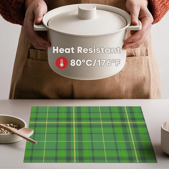 Artoid Mode Green Striped Check St. Patricks Day Vinyl Placemats Set of 4, Heat Resistant Non-Slip Woven Plastic PVC Place Mats for Party Kitchen Dining Decor