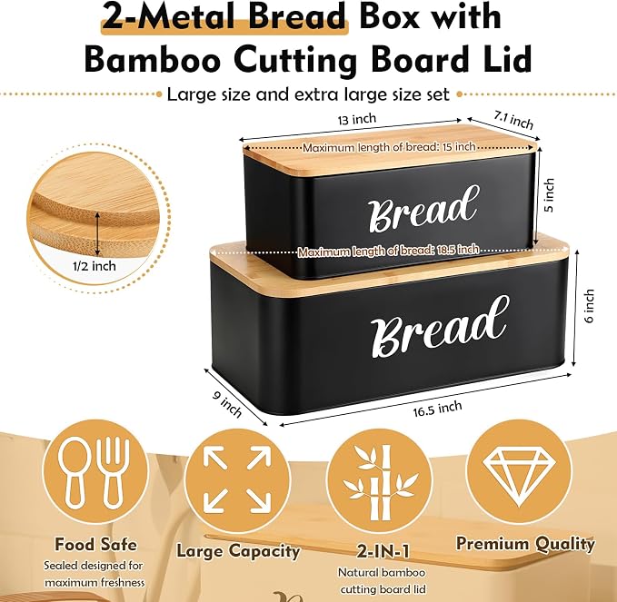 Teenyyou 2 Pcs Extra Large Bread Box with Slicer, Metal Bread Storage Container with Bamboo Cutting Board Lids, 2 Sizes Farmhouse Breadbox Set for Kitchen Countertop(Black)