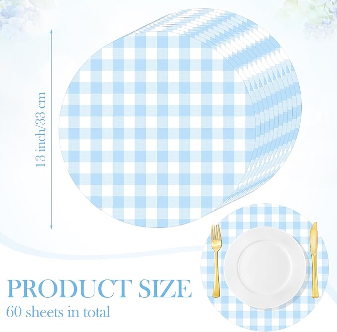 Funnymoom 60 Pcs Blue and White Gingham Disposable Paper Placemats Round Table Place Mat Summer Checkered Decorative Paper for Baby Shower Wedding Birthday Party Dinner Table Decor