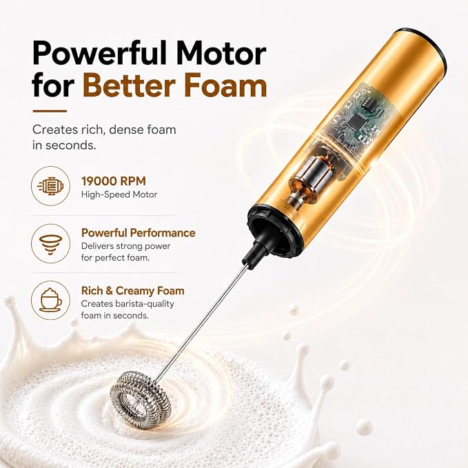 Rechargeable Milk Frother with Stand, Electric Whisks Foam Maker, POWERFUL USB C 2 Speed Handheld Drink Mixer for Coffee, Latte, Cappuccino, Matcha Drinks,Golden