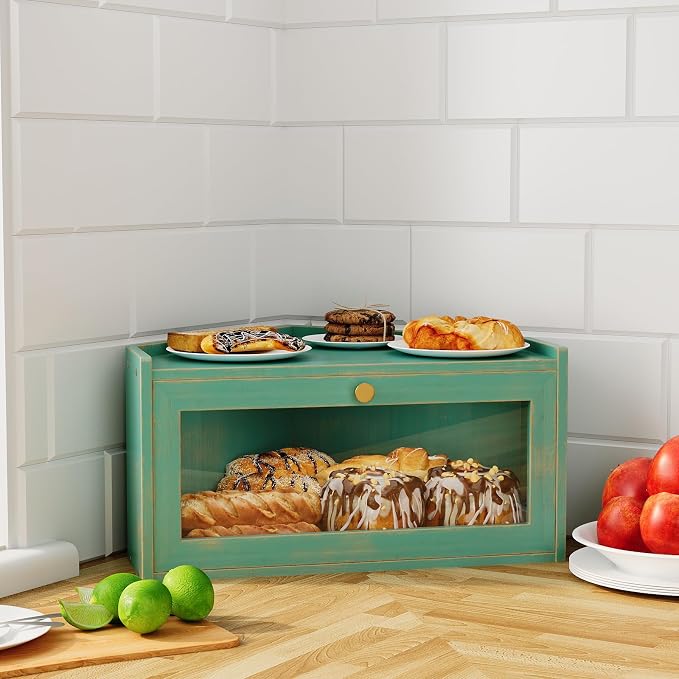 Trironsun Corner Bamboo Bread Box for Kitchen Counter Large Rustic Bread Storage Container with Acrylic Door Space-Saving Vintage Bread Keeper for Homemade Bread (Antique Blue)