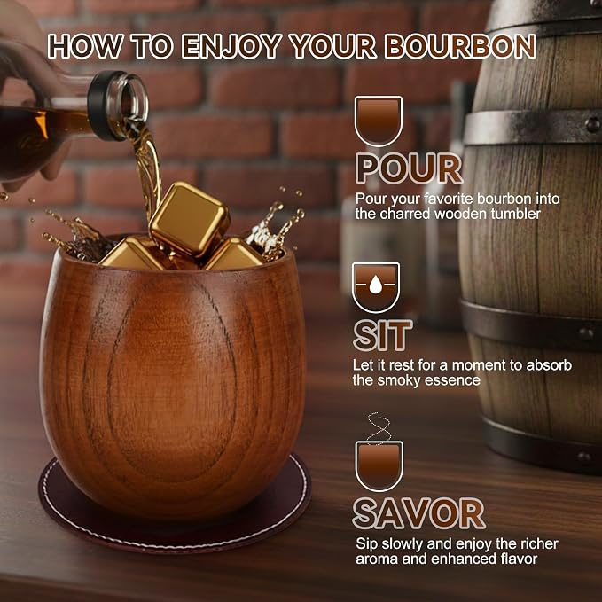 Charred Wooden Bourbon Drinking Glass Wooden Whiskey Glasses Set of 2 Complete Whiskey Gift Set Old Fashioned Glass Bourbon Gifts for Men (Gold Accents)