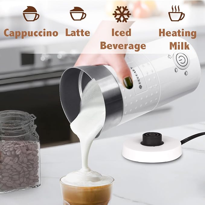 4 in 1 Milk Frother，Electric Milk Frother and Steamer 300ml，Fast Frothing | Stainless Steel Inner,Automatic Hot& Cold Foam Maker and Milk Warmer For Latte, Cappuccinos, Macchiato（White）