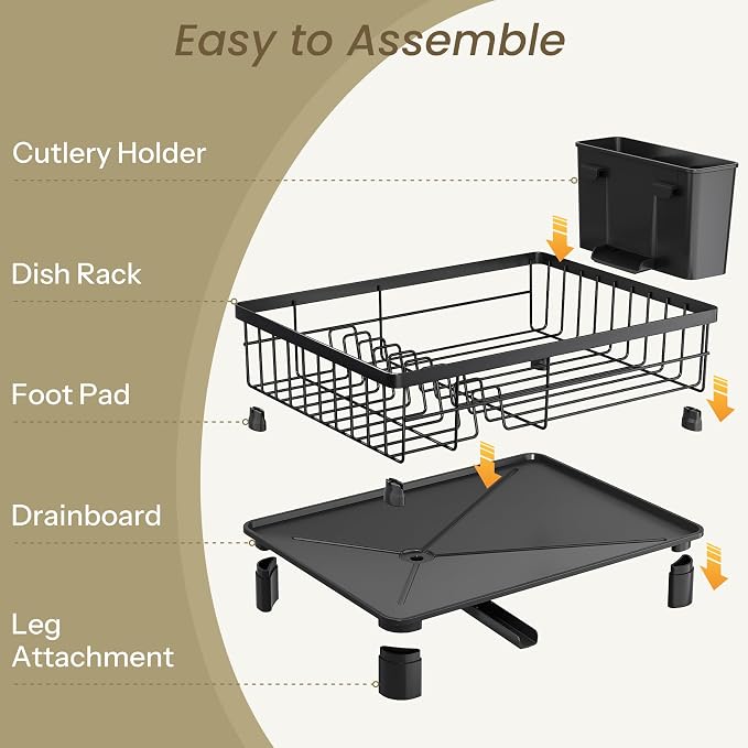 SNTD Dish Drying Rack for Small Kitchen Counter, 11" W x 15" L, Black | Space Saving, Rotating Spout & Angled Drainboard for Quick Drainage, Stainless Steel, Removable Utensil Holder