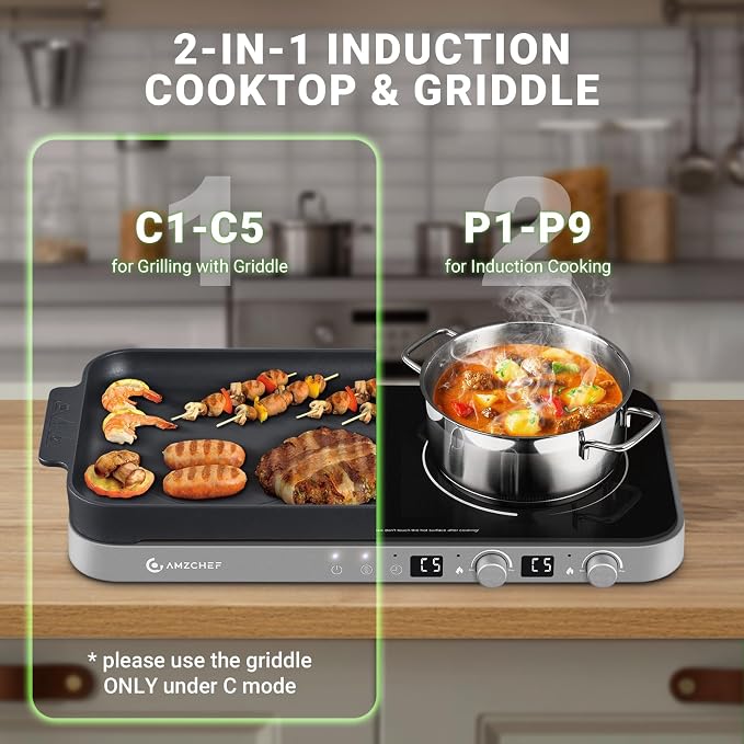 AMZCHEF Double Induction Cooktop, 1800W 2 Burner with Griddle Pan, Grey | non-stick removable griddle pan; ceramic glass surface; 2 independent cooking zones; 9 power levels; 99-min timer; child lock