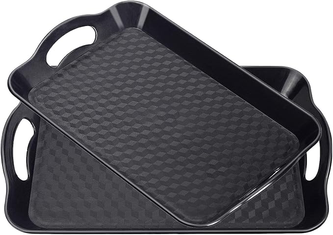 Plastic Tray with Handles, 2 Pack Multi-Purpose Rectangular Non Slip Restaurant Serving Trays Set for Parties, Coffee Table, Kitchen(9.5x14.6 inch) | Non-Slip Surface, Raised Edges, Lightweight Build, Easy Carrying, Restaurant, Coffee Table and Party Use