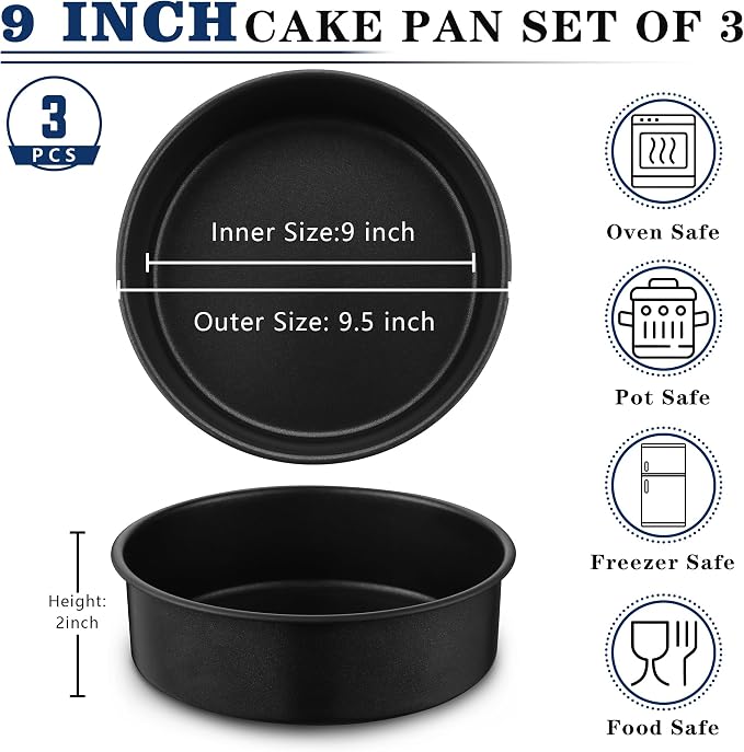 E-far 9 Inch Cake Pan, 3PCS Nonstick Stainless Steel Baking Cake Pans Tins | Round Smash Bakeware Baking for Birthday Layer Cake/Cheesecake, Straight Side, Non-Toxic & Healthy, Leakproof & Easy Clean