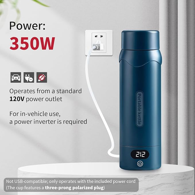 Travel Electric Kettle, Insulated Water Bottle with 4 Temp, Dark Blue | 316 Stainless Steel Liner, 400ml, Auto Shut-Off & Leak-proof, Mini Travel Essentials Portable Office Gifts for Tea Lovers