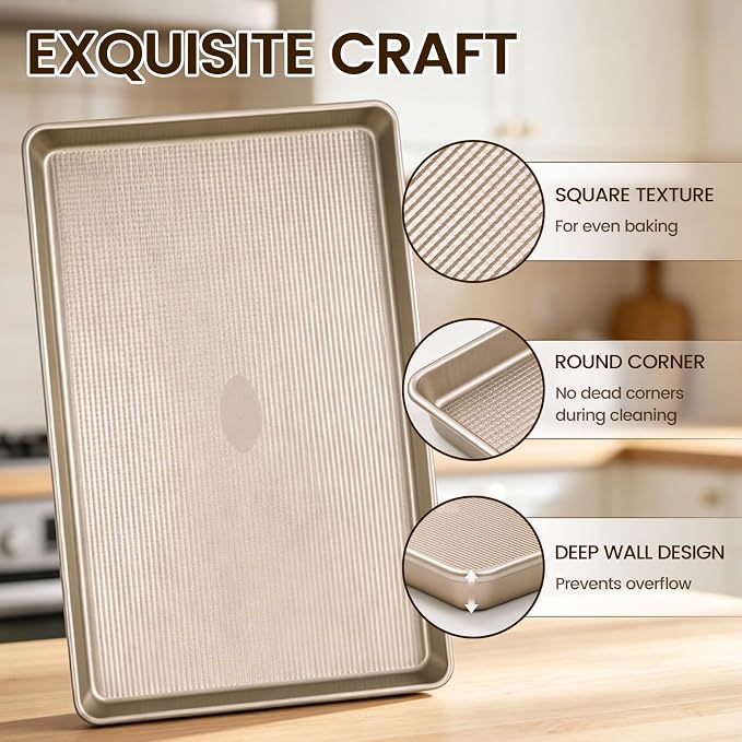 Vinino Baking Sheet Set of 3, Cookie Sheets For Baking with Square Texture Pattern, Thicker Carbon Steel Non-stick Baking Pan Half/Quarter/Jelly Roll Pans Tray for Oven