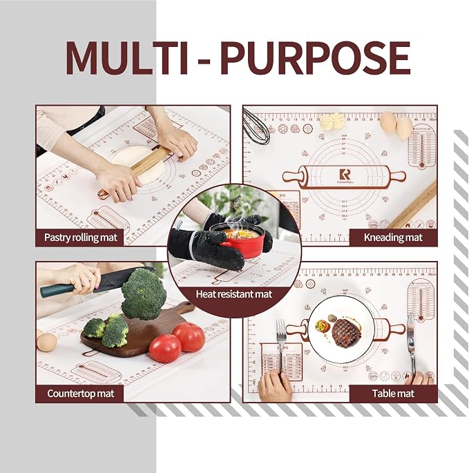 Silicone Baking Mat 20"L x 28"W, Extra Thick Dough Rolling Pad with Measurements and Edge Heightening, Non-stick Food Grade Silicone Pastry Mat for Pastry, Bread, Cookies (Transparent)