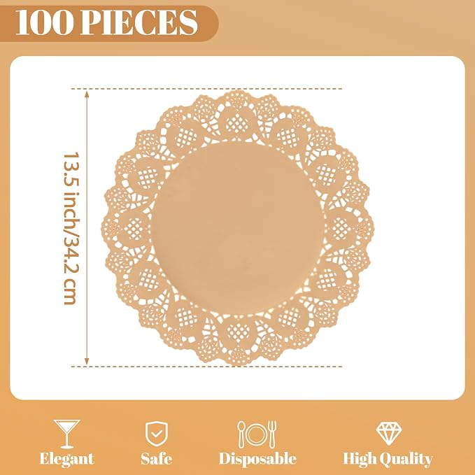 100 Pack 13.5 Inch Round Kraft Paper Doilies, Disposable Lace Placemats | Rustic Brown Scallop Doily Table Pads, Heavy-Duty Paper Place Mats for Cakes, Crafts, Parties, Weddings, Buffet, Home Decor