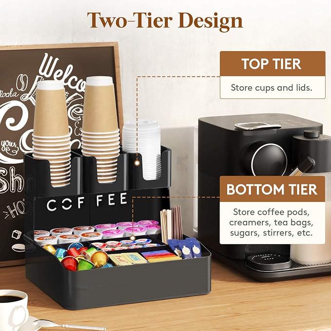 Lifewit 2-tier Coffee Station Organizer, 10 Compartments, Black, Plastic | Countertop Coffee Bar Organizers for Cups, Pods, Sugar, Condiment Holders Storage for Office Breakroom Kitchen Home