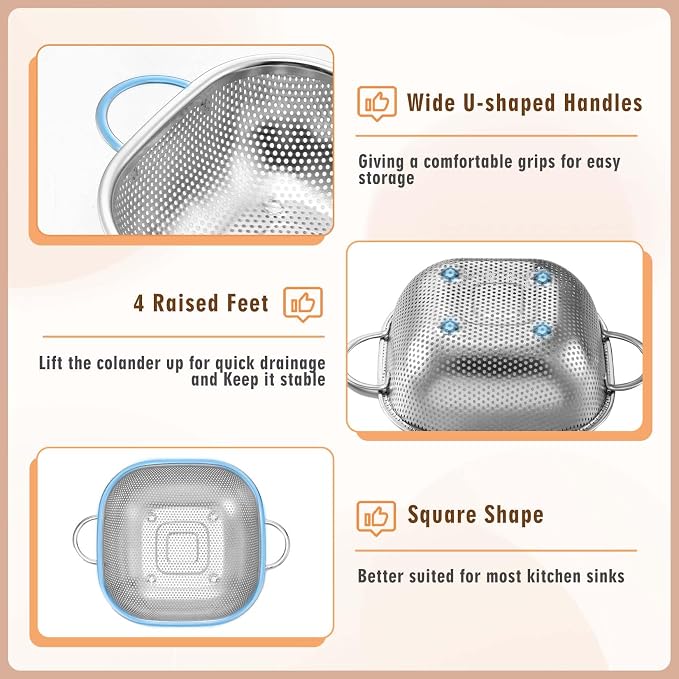 P&P CHEF Stainless Steel Colander Set, Strainers and Colanders for Kitchen | 3 Pcs Square Metal Colander Set, For Washing Draining Rinsing Spaghetti Fruit Food, Dishwasher Safe & Healthy, 2.4 / 4 / 6 Qt