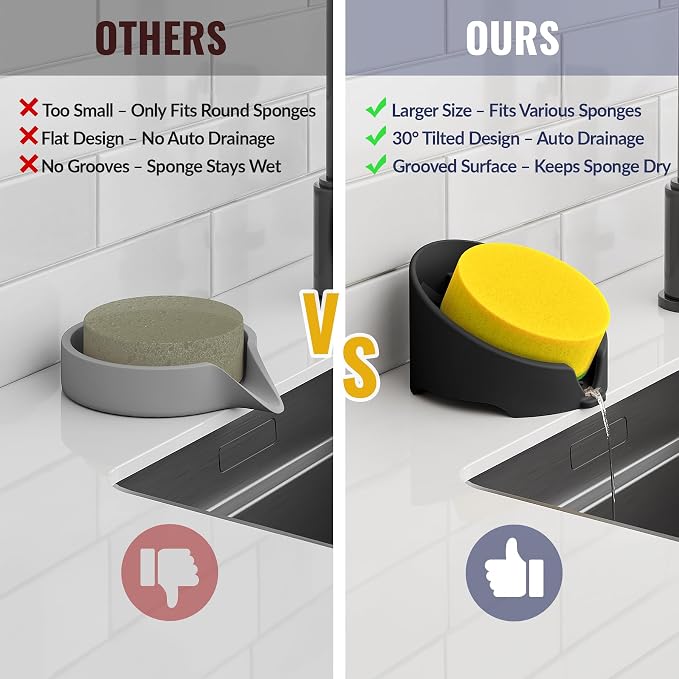 NiHome Silicone Sponge Holder for Kitchen Sink, Fits Scrub Daddy Mommy | Self-Draining Dispenser Organizer Tray, Sink Caddy Countertop Fits Soaps, Scrubber, Dishwasher Safe, Includes Brush