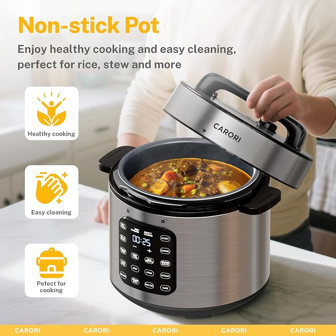 CARORI 9-in-1 Electric Pressure Cooker, 1200W Instant Multi-Cooker with IMD Touchscreen, Olla de Presion, Non-Stick Pot, Rice Cook, Slow Cook, Steamer, Sauté, Warmer, Safe Venting, Silver 8 Qt