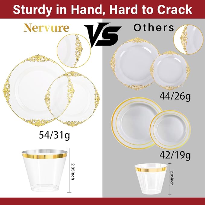 Nervure 175Pcs Clear Gold Plates, Disposable Party Plates for 25 Guests | 25 7.5" Dessert & 25 10.25" Dinner Disposable Plates, 75 Gold Cutlery, 25 9oz Cups, 25 Napkin for Wedding & Party, BPA-free