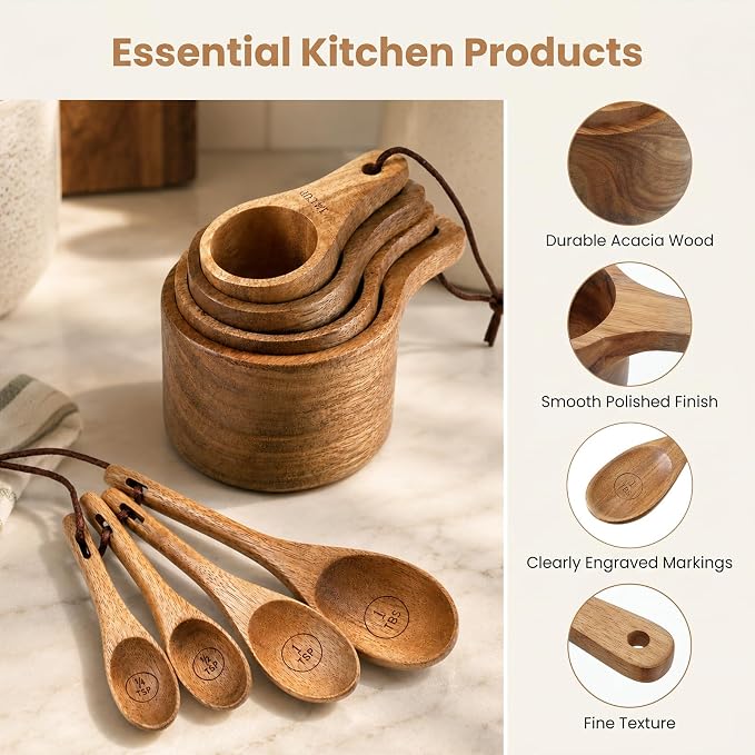 8 Piece Wooden Measuring Cups and Spoons Set, Solid Acacia Wood | Laser Engraved Measurements, Acacia Wood Measuring Cups, Natural Wood Kitchen Accessories, Perfect for Baking and Cooking
