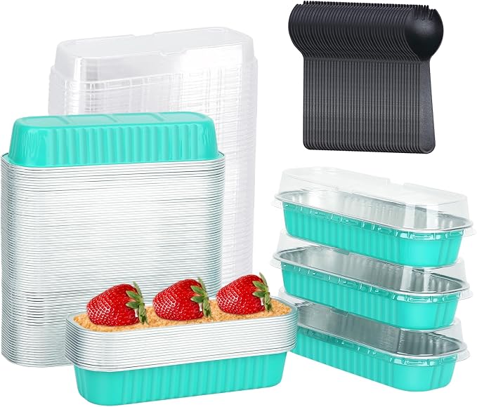 LNYZQUS Mini Cake Loaf Pans with Lids 100 Pack, Small Foil Baking Tins | 6.8oz Rectangle, Blue, Disposable Aluminum Cake Cups, Individual Dessert Containers for Bakery Bake Sale Treats