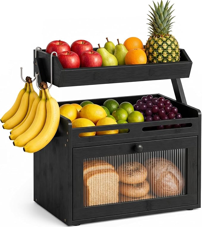 Bread Box for Kitchen Countertop, Bamboo Bread Storage Container with Fruit Basket, Clear Door & Magnetic Closure, Raised-Rail Shelves & 2 Banana Hooks, Farmhouse Pantry Organizer, Black
