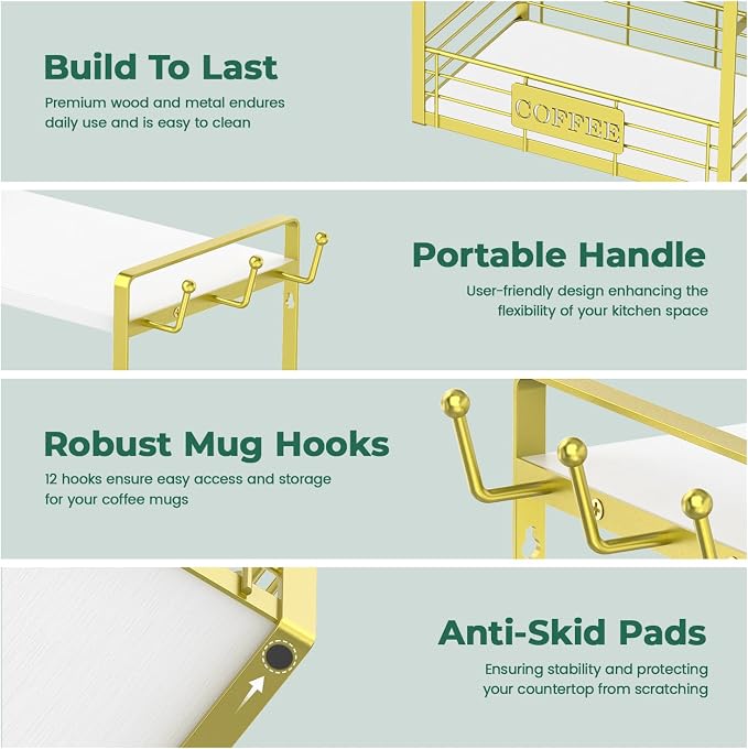 EsLuker.ly Coffee Mug Cup Holder Tree Bar Station Organizer, 2 Tier Gold | Mug Stand Rack for Countertop Kitchen, Storage Tower Display Shelf with 12 Hooks, Coffee Nook Enhancer