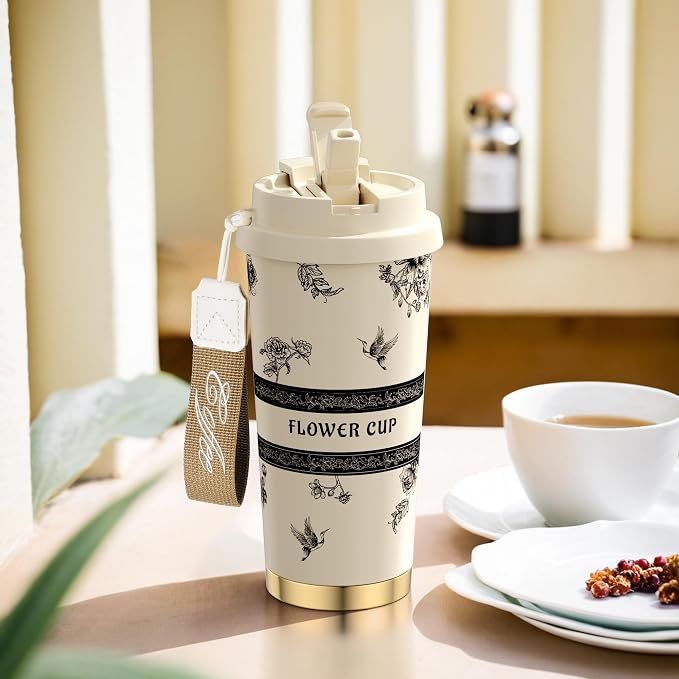 [2-IN-1 LID] Travel Mug,Coffe mug,Coffe cup,Ceramic coating Lined,316 Stainless Steel,BPA Free,Vacuum Insulated Tumbler for Water, Iced Tea or Coffee, Smoothie and More (Peony-White, 18 Onuces)