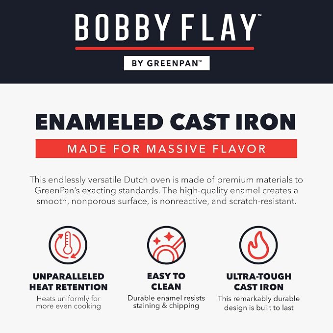 GreenPan x Bobby Flay 5.5QT Enameled Cast Iron Dutch Oven With Lid, Navy | Casserole Pot for Braising, Stews, Bread Baking & Searing, Self-Basting Lid, Induction Ready, Oven Safe To 500