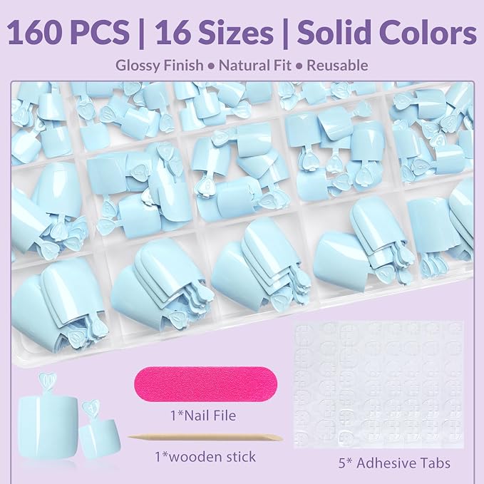 AddFavor 160pcs Blue Press on Toenails for Women, Full Cover Fake Toe Nail Tips with Adhesive Tabs, Artificial Pedicure Toe Nail Press ons, Blue False Toenail Press ons