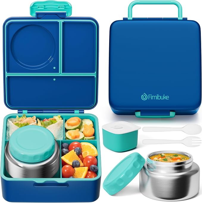 Fimibuke Bento Box for Kids Adults, BPA Free Toddler Lunch Box with Thermo | w/ 8.5oz Insulated Food Jar Utensils & Sauce Jar, Leakproof Dishwasher Safe 3 or 4 Compartment Container for School Girl Boys