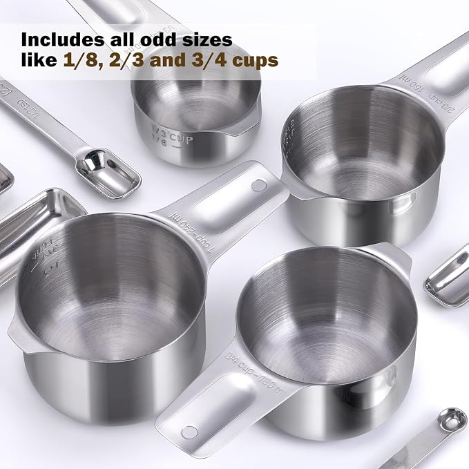 20PCS Measuring Cups and Spoons Set,Stainless Steel,with Leveler | 304 food-grade steel, dual-scale markings, one-piece construction, nesting storage, dishwasher safe, dry & liquid ingredients